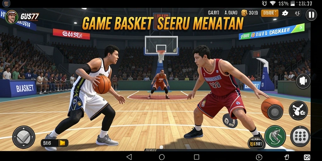 Tampilan antarmuka GUS77 dengan karakter dan lapangan basket yang menarik.